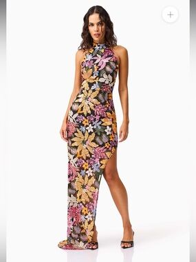 elliatt kiran sequin mesh floral print asymmetrical maxi gown dress size XXS NEW
